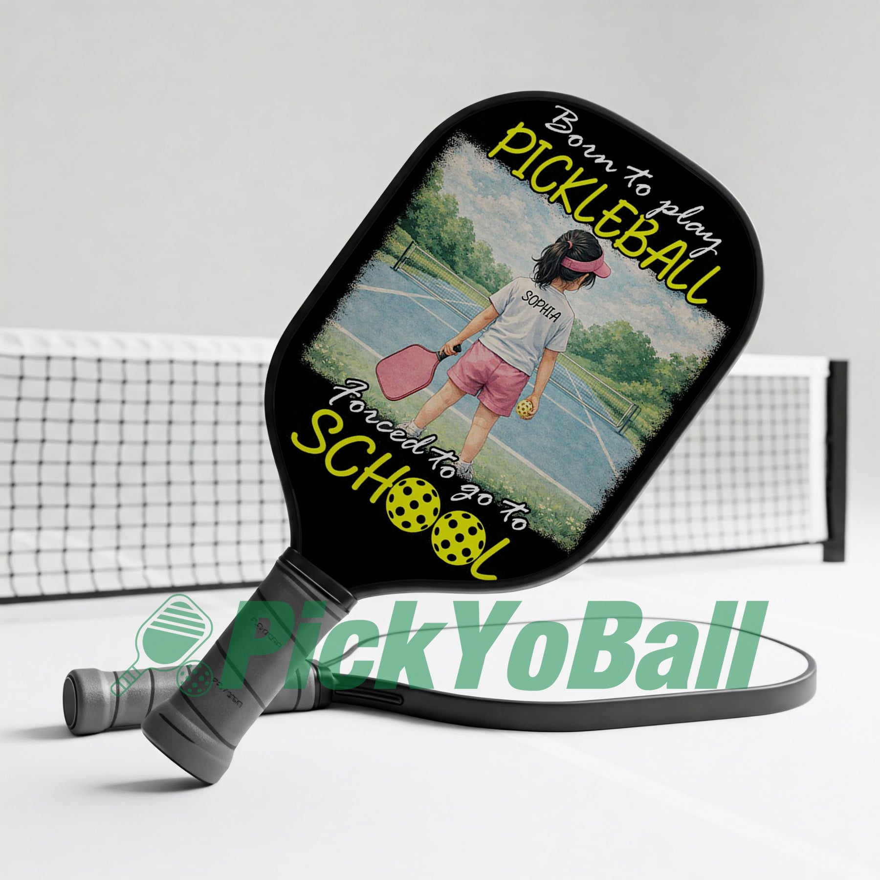 Personalized Baby Girl "Born To Play Pickleball, Forced To Go To School" Pickleball Paddle