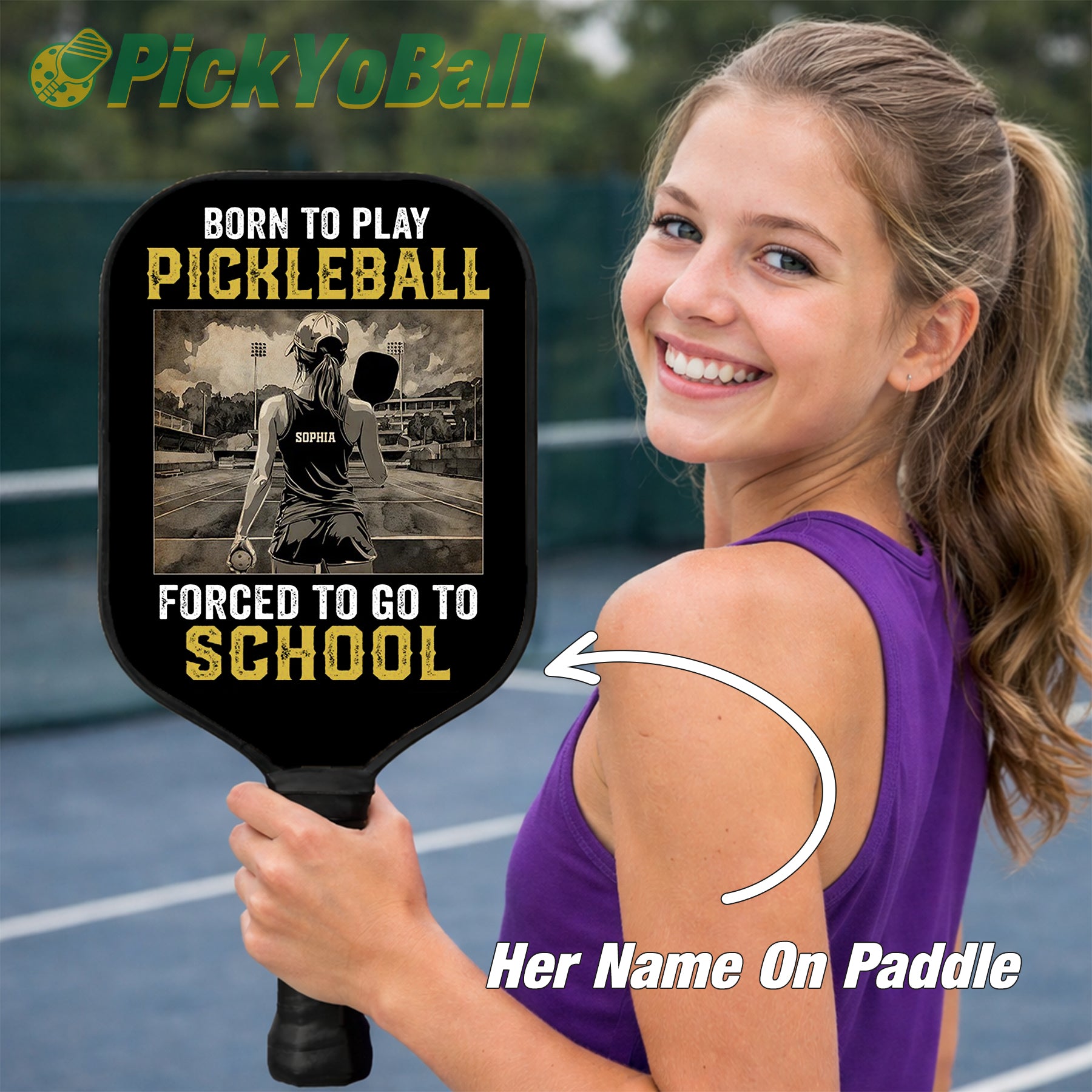 Personalized "Born To Play Pickleball, Forced To Go To School" Paddle with Custom Name, Pickleball Gift For Daughter
