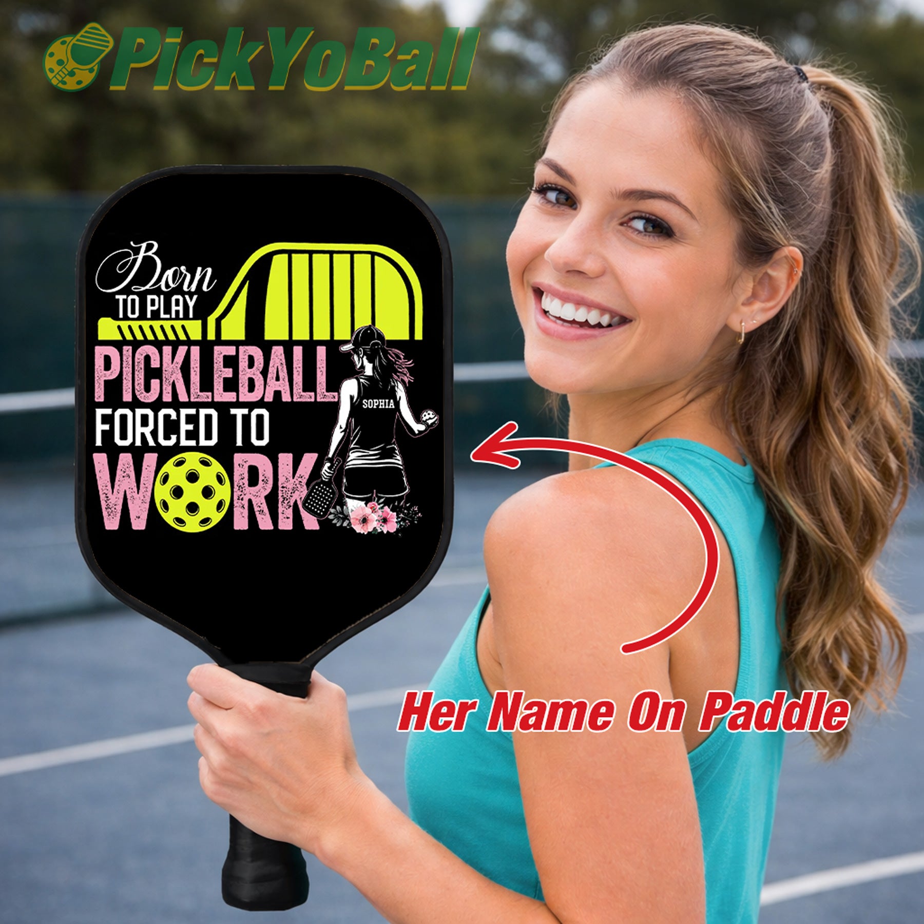 Personalized Pickleball Paddle, "Born To Play Pickleball Forced To Work" Design with Custom Name For Her