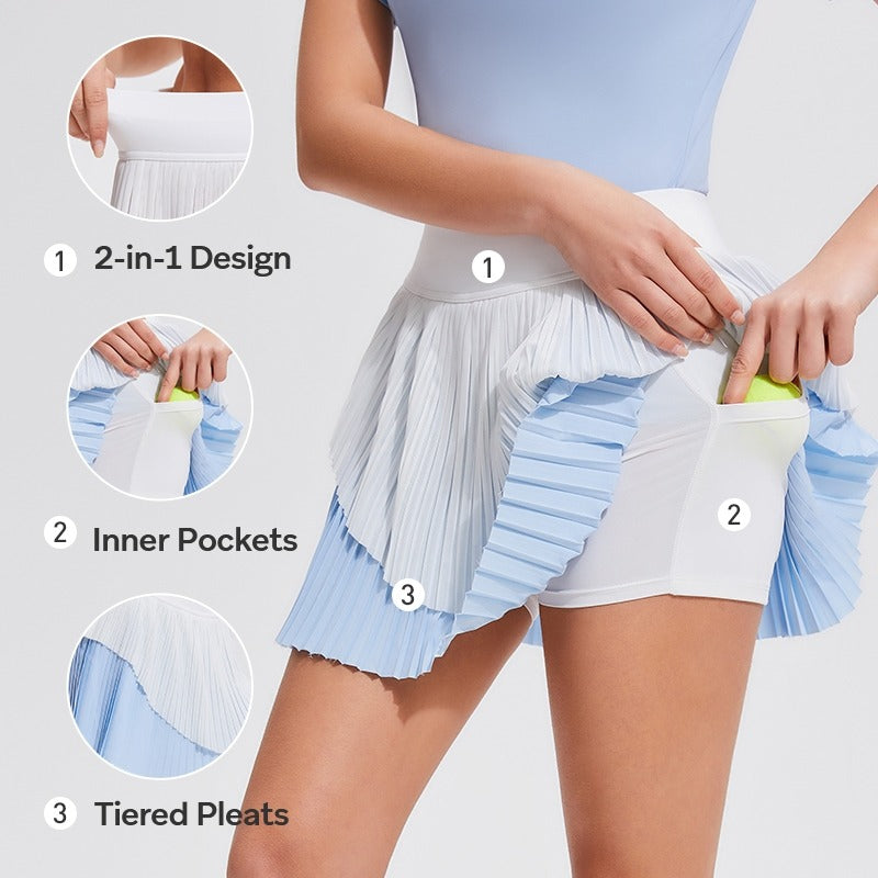 Tiered Pleats Pickleball & Tennis Skirt Set – Women’s Athletic Dress with Inner Shorts & Pockets