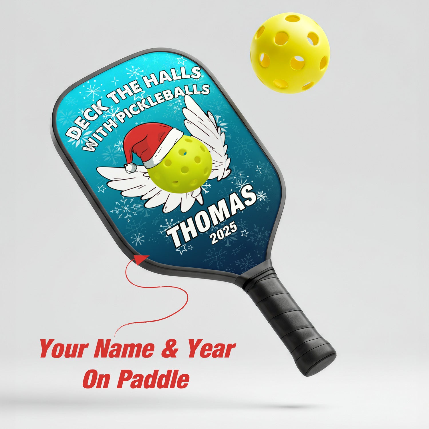Personalized Christmas "Deck The Halls With Pickleballs" Paddle with Custom Name