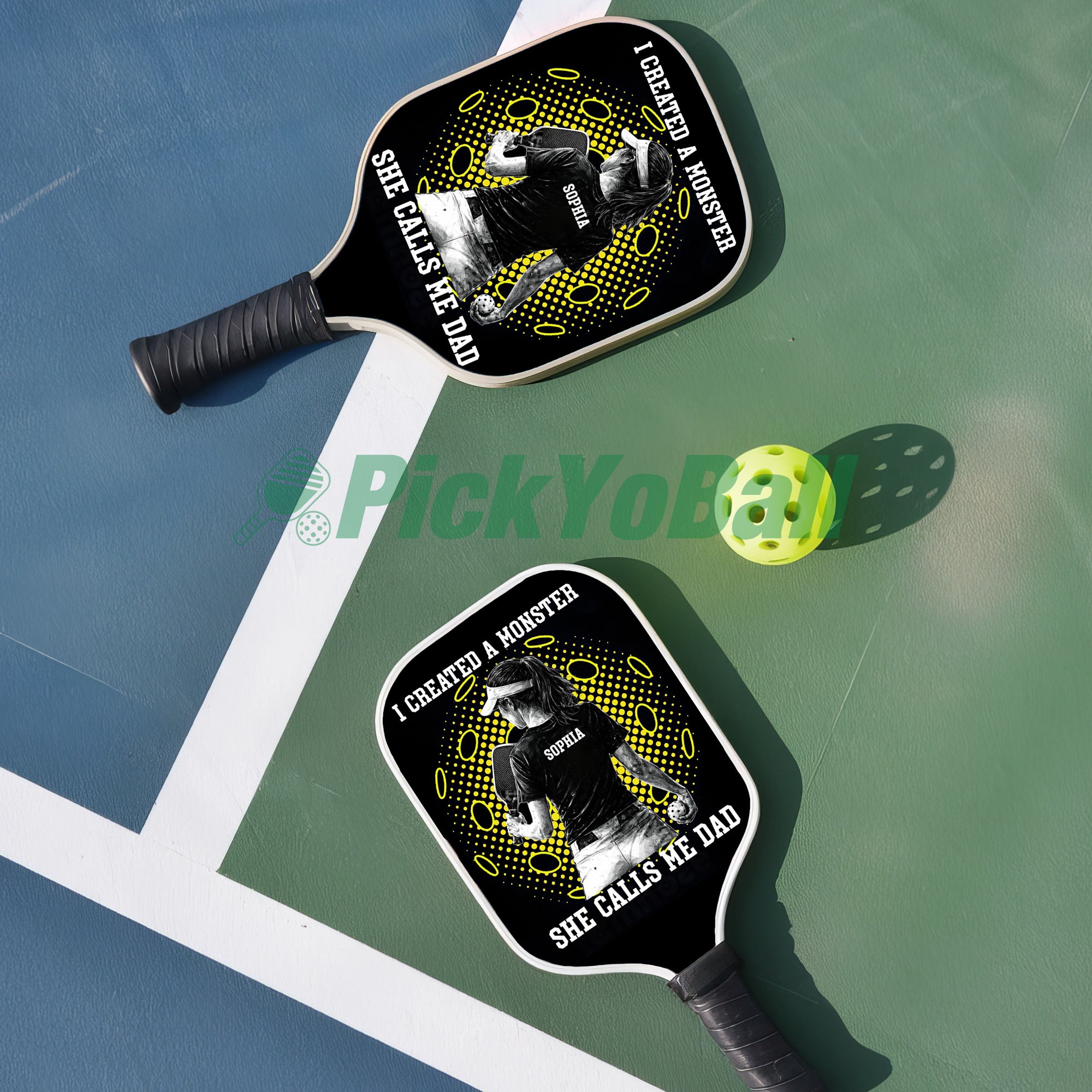 Personalized "I Created a Monster And She Calls Me Dad" Pickleball Paddle 3