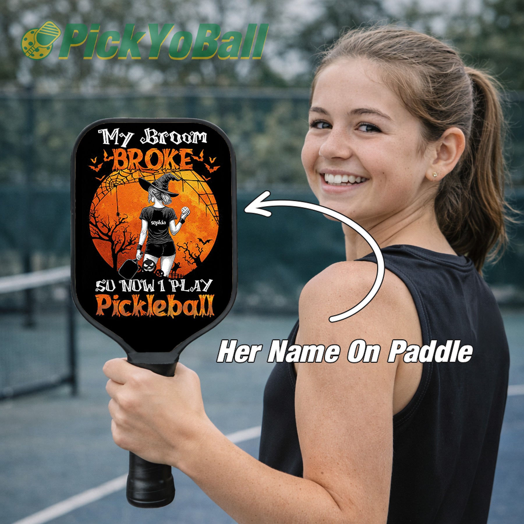 Personalized Spooky Witch Halloween Theme "My Broom Broke So Now I Play Pickleball" - Pickleball Girl Paddle